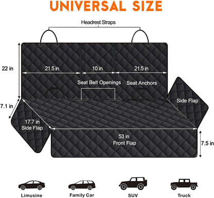 Premium Waterproof Dog Car Seat Cover - Durable Rear Seat Protector for SUVs, Trucks, and Cars (53” Width) - Black
